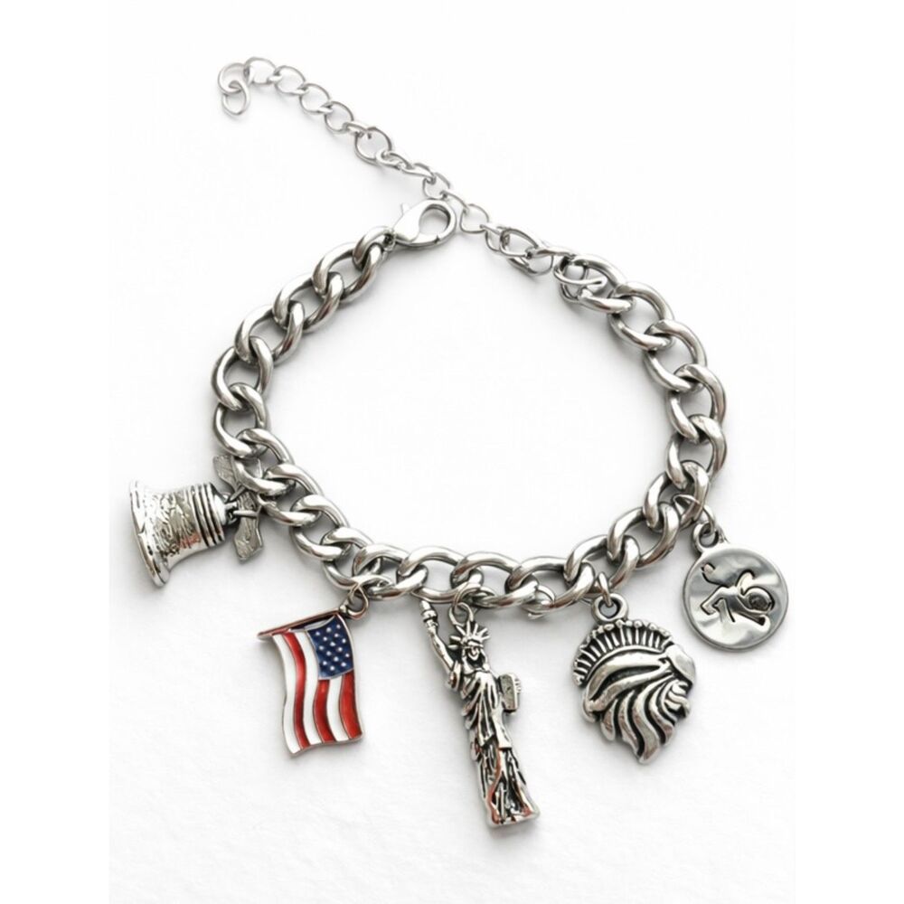 Patriotic Americana Silver Tone Charm Bracelet - Symbols of Liberty